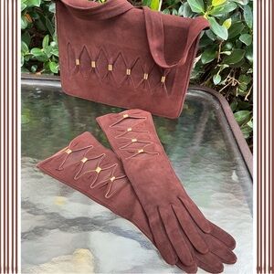 Vintage Brown Suede Glove & Matching Shoulder Bag Set with Gold Accents